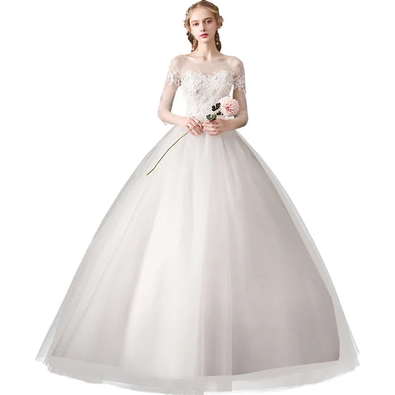 Simple Large Long Sleeve Wedding Dress O-neck Tulle Bridal Dress