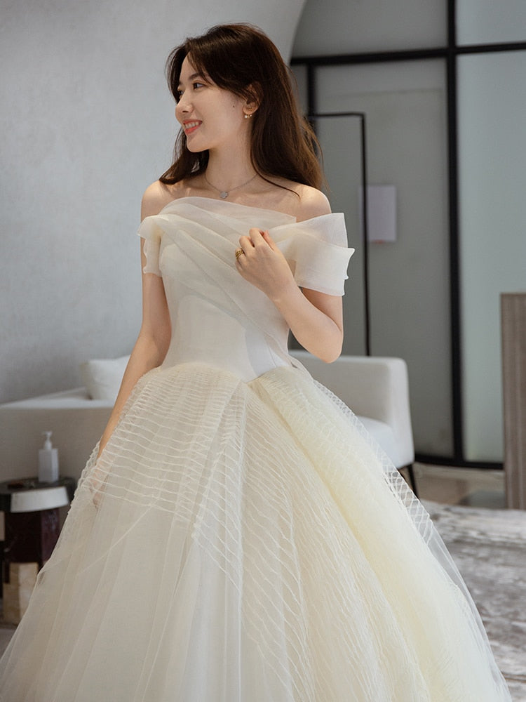 Simple Off The Shoulder Light Ball Gown Tulle Wedding Dress