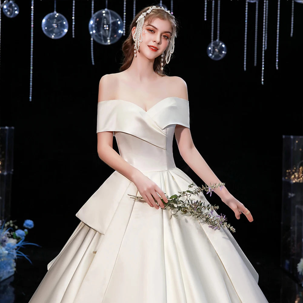 Off The Shoulder Short Sleeve Lace Back Back Best France Satin Wedding Dresses A-Line Simple