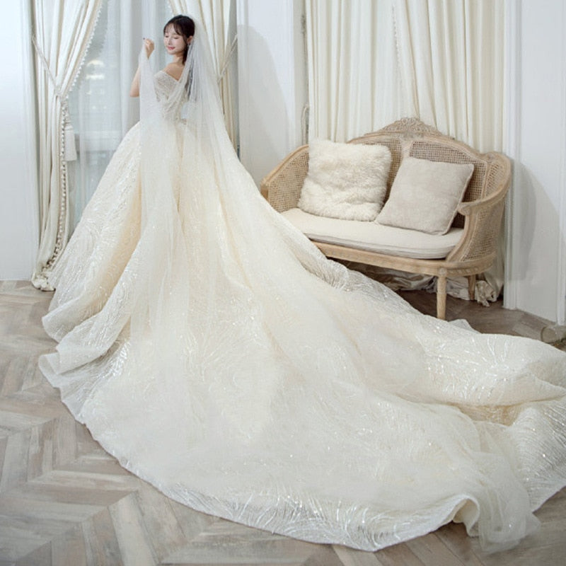 Shining Sequins Luxury Wedding Dress With Sweep Train Elegant Boat Neck Off The Shoulder Ball Gown