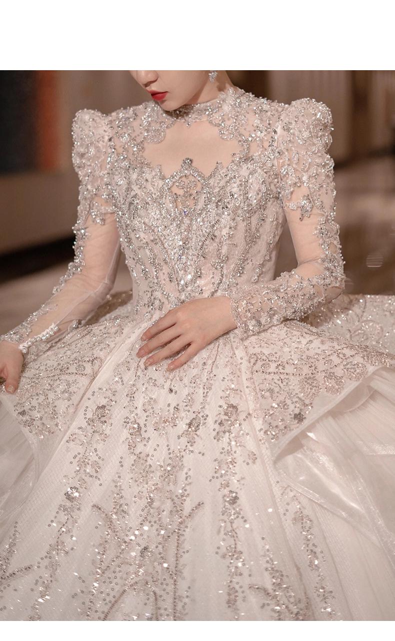 Long Train Wedding Dress Ball Gown Long Sleeve Winter Beading Wedding Gowns
