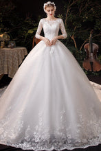 Load image into Gallery viewer, Boat Neck With Train Three Quarter Sleeve Lace Up Bridal Ball Gown
