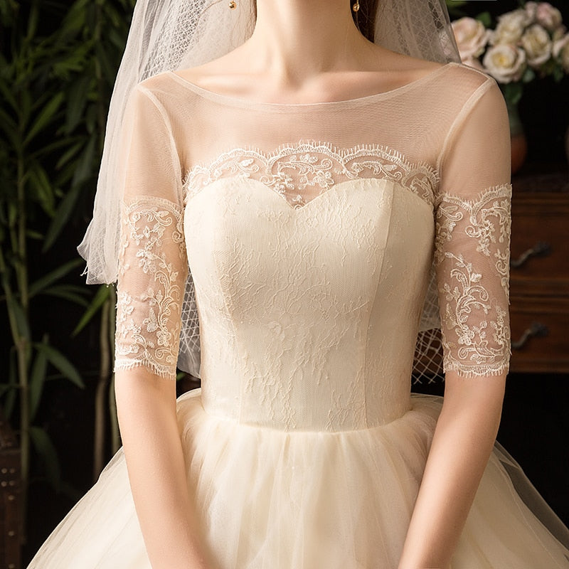 2023 Champagne Wedding Dress Half Sleeve Simple Lace Fashion Wedding Gown Plus Size Bridal Dresses Vestido De Noiva X