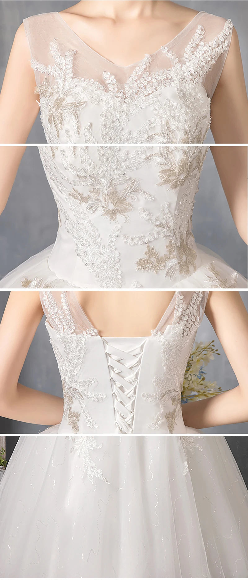 V-Neck Wedding Dress Sleeveless Backless Appliques Sequined Lace Bridal Gowns Cheap