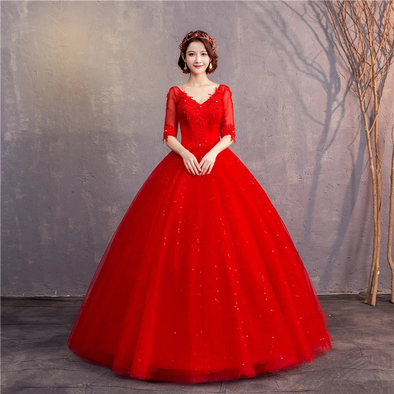 White Red Wedding Dress Sexy V-Neck Half Sleeve 100% Real Photo Lace Ball Gown Cheap Plus Size