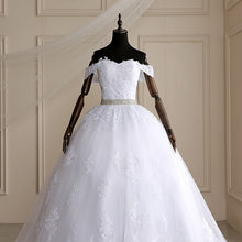 Load image into Gallery viewer, Long Train Ball Gown Belted Bridal Dress Off Shoulder
