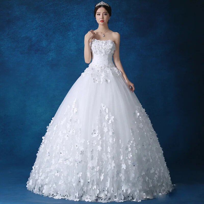 Crystal Pearl Lace 3D Flower White Ivory Red Champagne Train Wedding Dresses