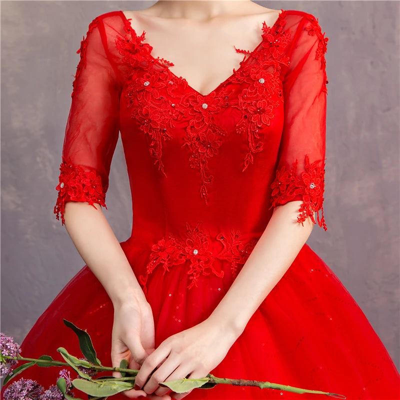 White Red Wedding Dress Sexy V-Neck Half Sleeve 100% Real Photo Lace Ball Gown Cheap Plus Size