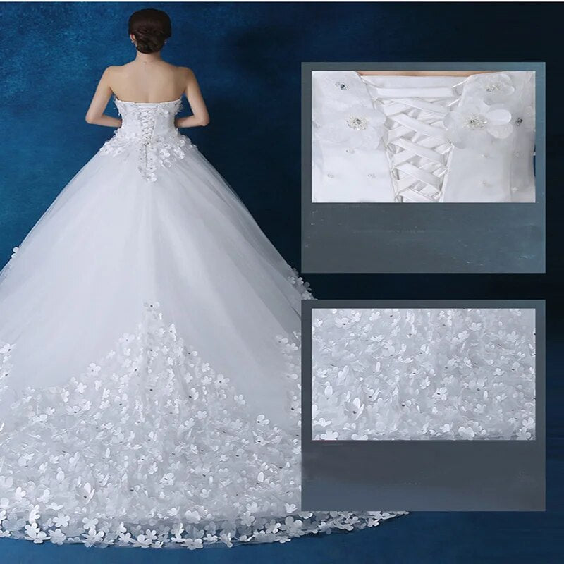 Crystal Pearl Lace 3D Flower White Ivory Red Champagne Train Wedding Dresses