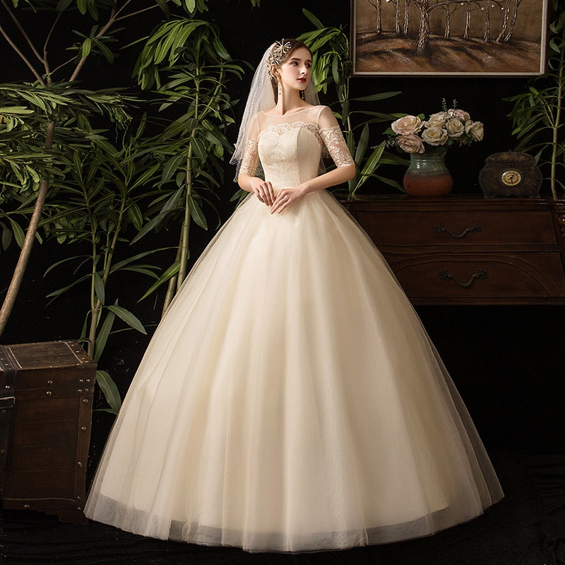 2023 Champagne Wedding Dress Half Sleeve Simple Lace Fashion Wedding Gown Plus Size Bridal Dresses Vestido De Noiva X