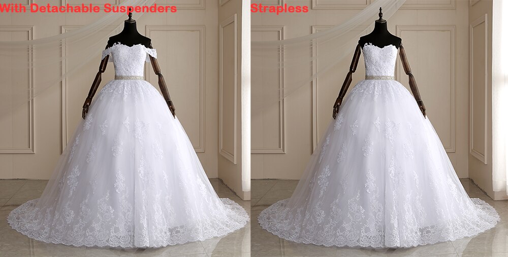 Long Train Ball Gown Belted Bridal Dress Off Shoulder