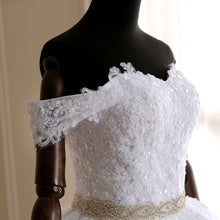 Load image into Gallery viewer, Long Train Ball Gown Belted Bridal Dress Off Shoulder
