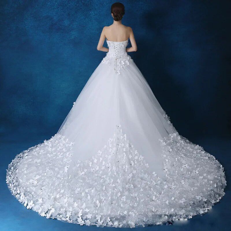 Crystal Pearl Lace 3D Flower White Ivory Red Champagne Train Wedding Dresses