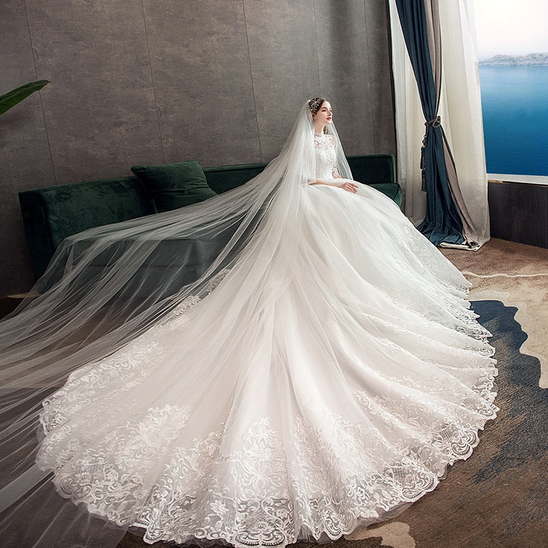 Lace Embroidery Wedding Dress With Big Train 2023 High Neck Half Sleeve Wedding Gown Vintage Bridal Gown