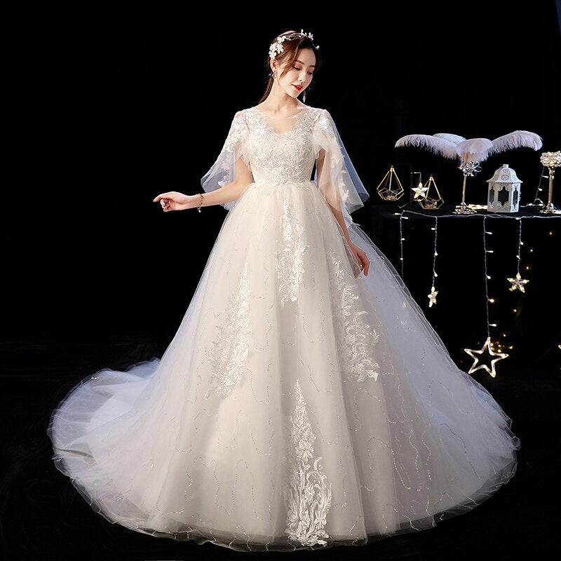 Elelgnat Court Train Batwing Sleeve Wedding Dresses