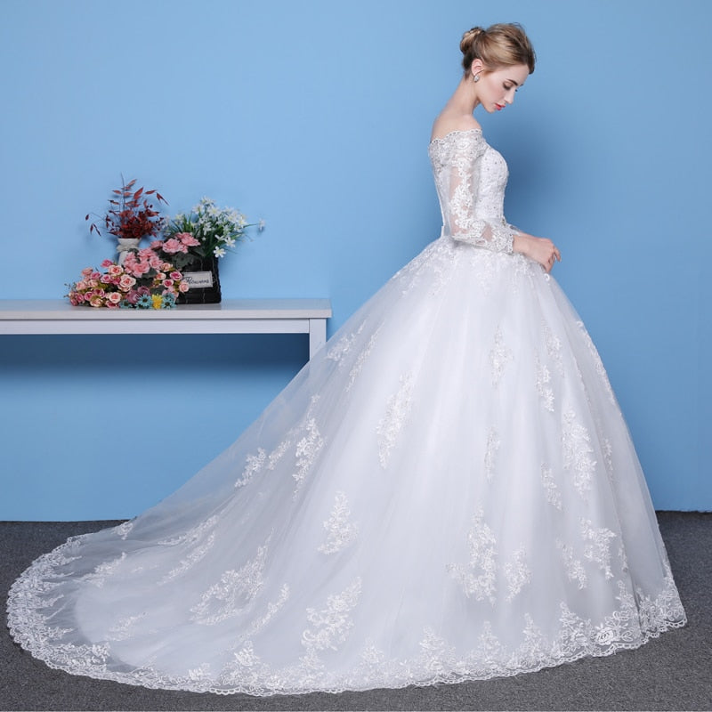 Long Sleeves Wedding Dresses Lace Bridal Bride Gowns Luxury Vintage Off The Shoulder Robe De Mariage