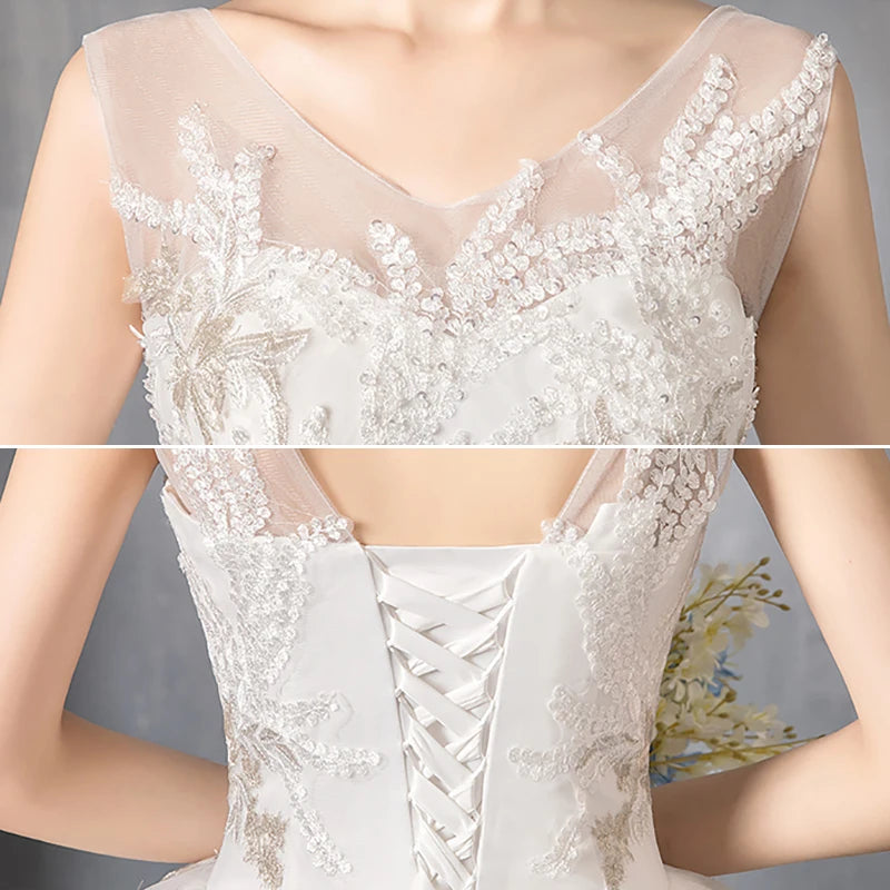 V-Neck Wedding Dress Sleeveless Backless Appliques Sequined Lace Bridal Gowns Cheap