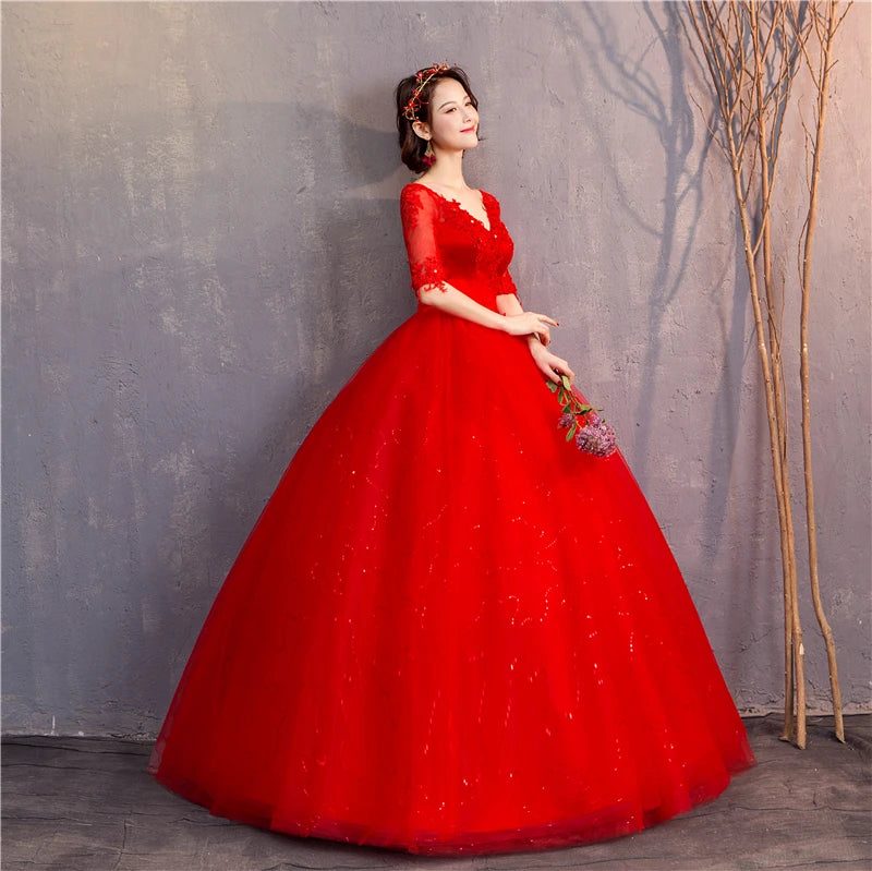White Red Wedding Dress Sexy V-Neck Half Sleeve 100% Real Photo Lace Ball Gown Cheap Plus Size