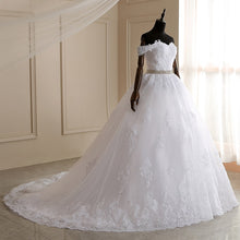 Load image into Gallery viewer, Long Train Ball Gown Belted Bridal Dress Off Shoulder
