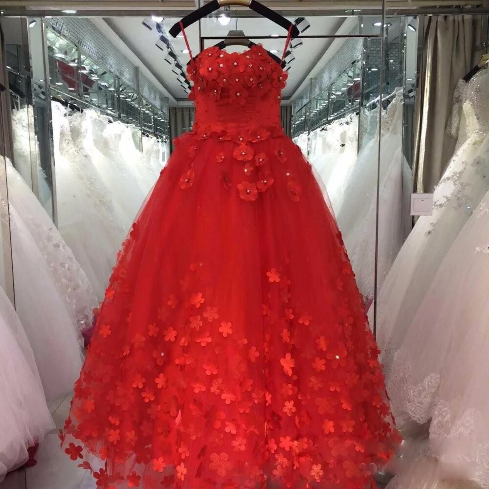 Crystal Pearl Lace 3D Flower White Ivory Red Champagne Train Wedding Dresses