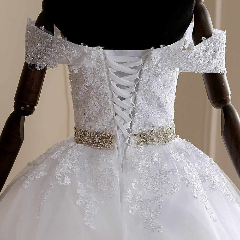 Long Train Ball Gown Belted Bridal Dress Off Shoulder