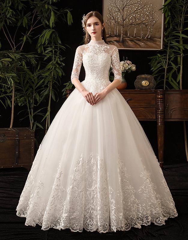 Lace Embroidery Wedding Dress With Big Train 2023 High Neck Half Sleeve Wedding Gown Vintage Bridal Gown