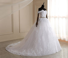Load image into Gallery viewer, Long Train Ball Gown Belted Bridal Dress Off Shoulder
