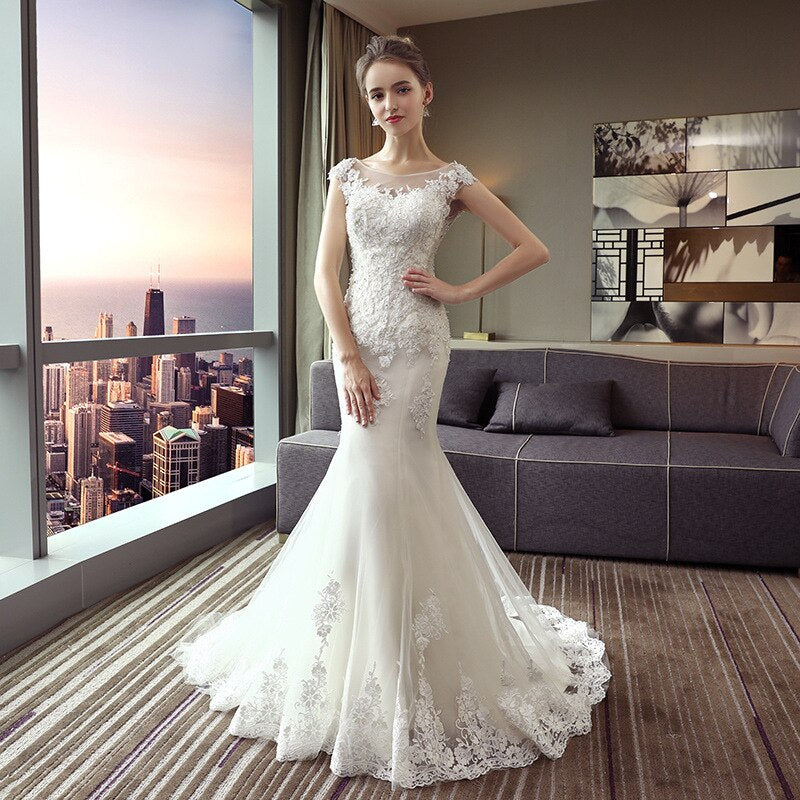 The Bridal O-neck Court Train Luxury Lace Embroidery Mermaid Princess Luxury Wedding Dress