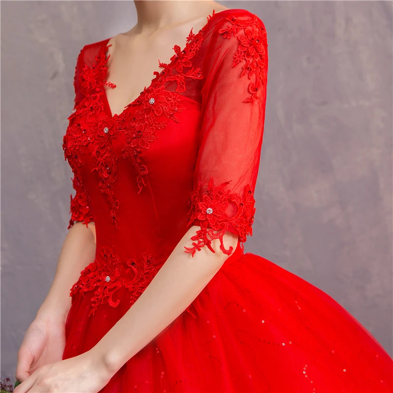 White Red Wedding Dress Sexy V-Neck Half Sleeve 100% Real Photo Lace Ball Gown Cheap Plus Size