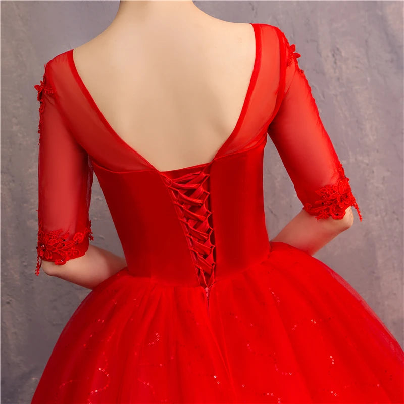 White Red Wedding Dress Sexy V-Neck Half Sleeve 100% Real Photo Lace Ball Gown Cheap Plus Size