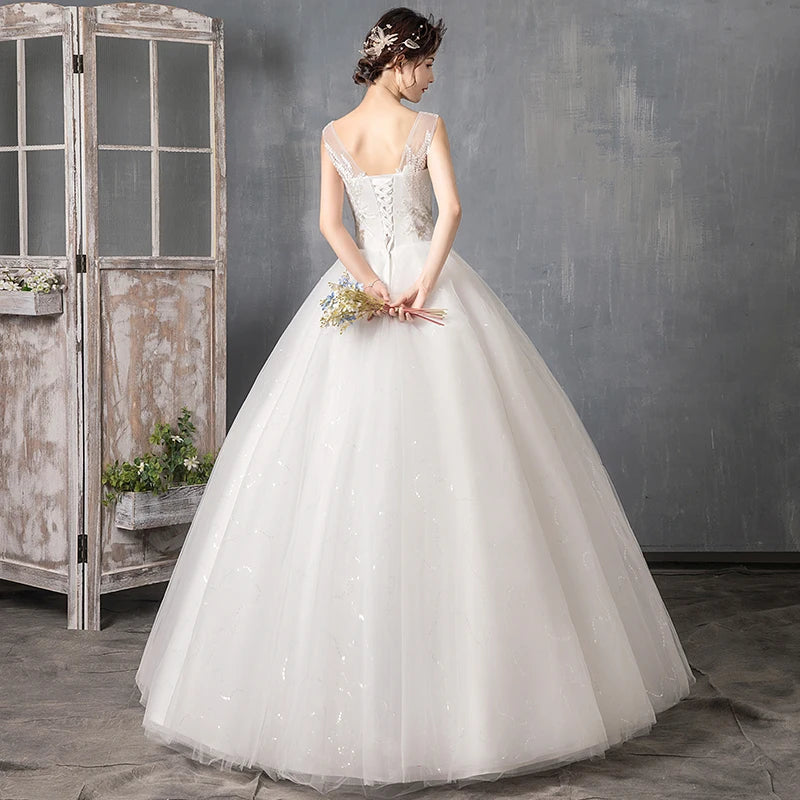 V-Neck Wedding Dress Sleeveless Backless Appliques Sequined Lace Bridal Gowns Cheap