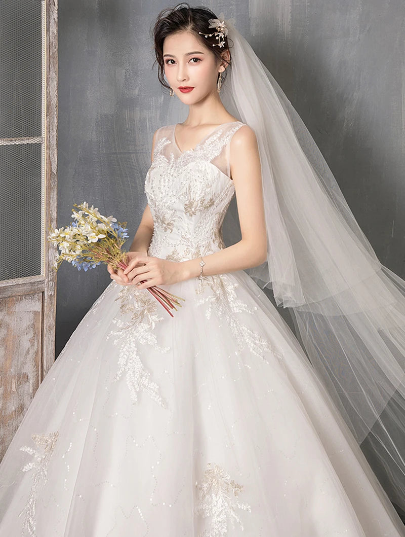 V-Neck Wedding Dress Sleeveless Backless Appliques Sequined Lace Bridal Gowns Cheap