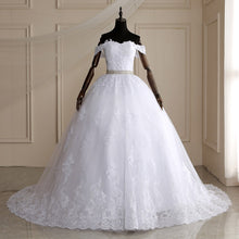 Load image into Gallery viewer, Long Train Ball Gown Belted Bridal Dress Off Shoulder
