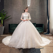 Load image into Gallery viewer, Lace Embroidery Wedding Dress With Big Train 2023 High Neck Half Sleeve Wedding Gown Vintage Bridal Gown
