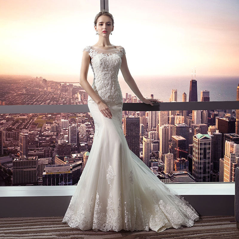 The Bridal O-neck Court Train Luxury Lace Embroidery Mermaid Princess Luxury Wedding Dress
