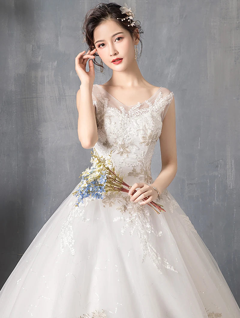 V-Neck Wedding Dress Sleeveless Backless Appliques Sequined Lace Bridal Gowns Cheap