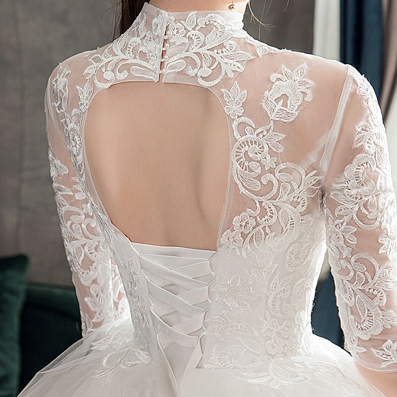Lace Embroidery Wedding Dress With Big Train 2023 High Neck Half Sleeve Wedding Gown Vintage Bridal Gown