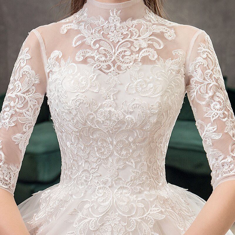 Lace Embroidery Wedding Dress With Big Train 2023 High Neck Half Sleeve Wedding Gown Vintage Bridal Gown