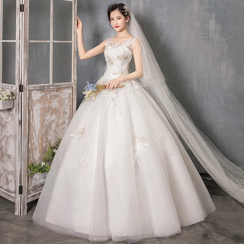 V-Neck Wedding Dress Sleeveless Backless Appliques Sequined Lace Bridal Gowns Cheap