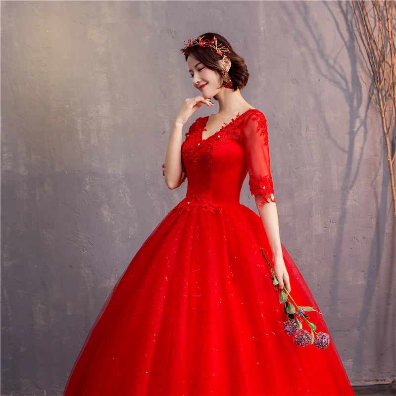 White Red Wedding Dress Sexy V-Neck Half Sleeve 100% Real Photo Lace Ball Gown Cheap Plus Size