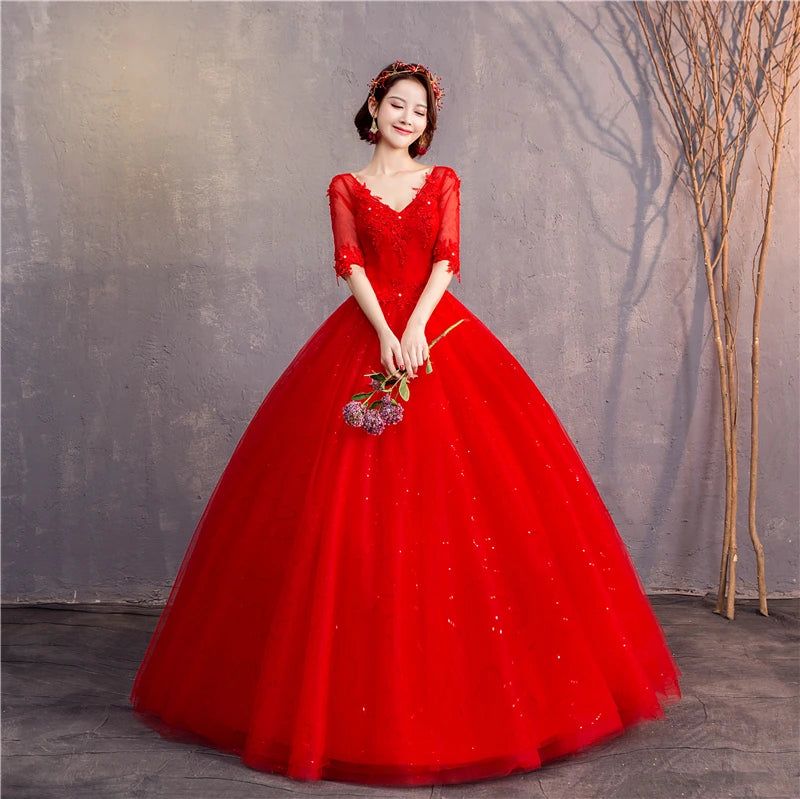 White Red Wedding Dress Sexy V-Neck Half Sleeve 100% Real Photo Lace Ball Gown Cheap Plus Size