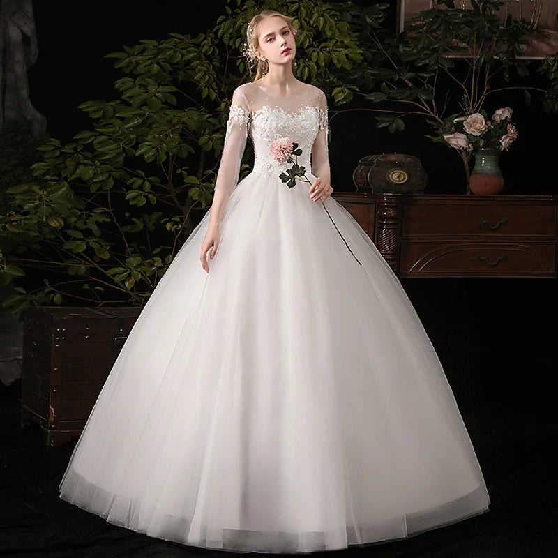 Simple Large Long Sleeve Wedding Dress O-neck Tulle Bridal Dress