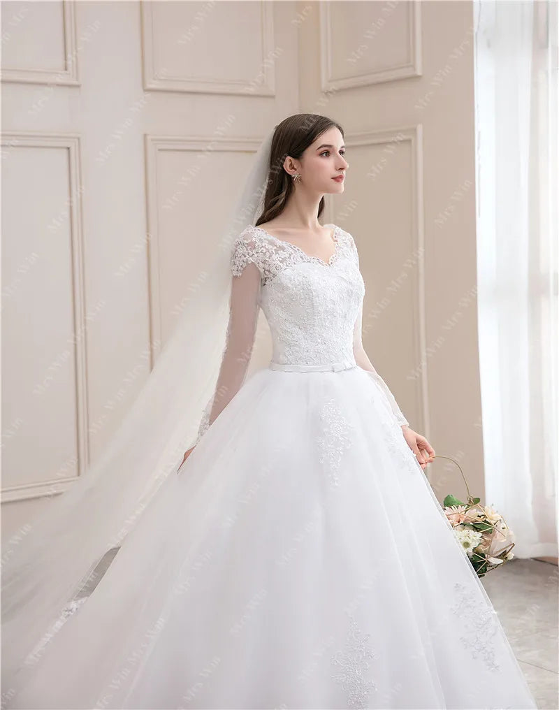 Full Sleeve Sexy V-neck Bride Floor Dress