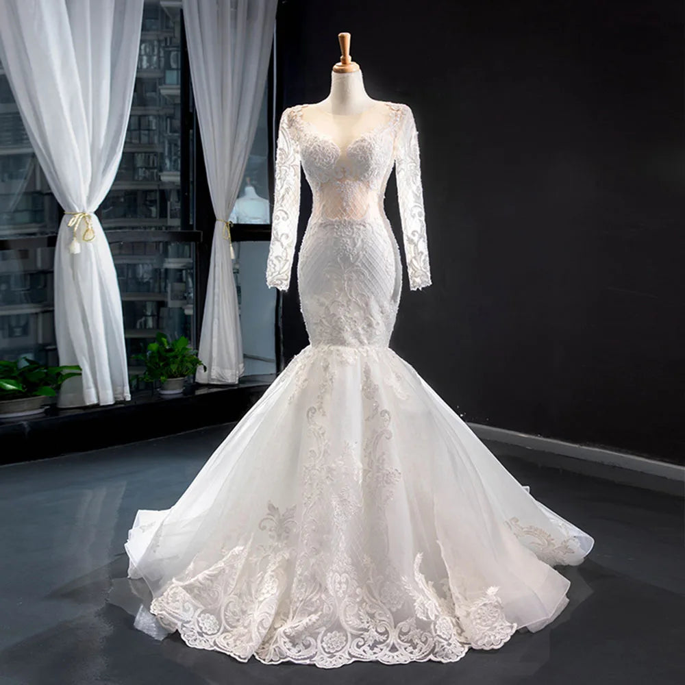 2 Pieces Appliques Lace Long Sleeve Wedding Mermaid Dress With Detachable Chapel Train