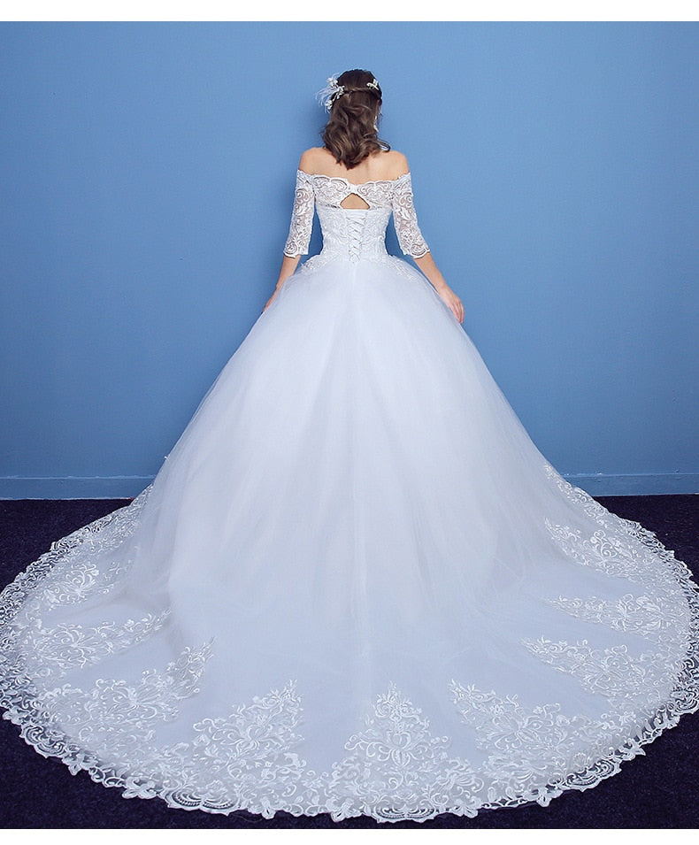 Wedding Dress 2023 Luxury Lace Half Sleeve Boat Neck Wedding Gown With Train Lace Up Vestido De Noiva Plus Size