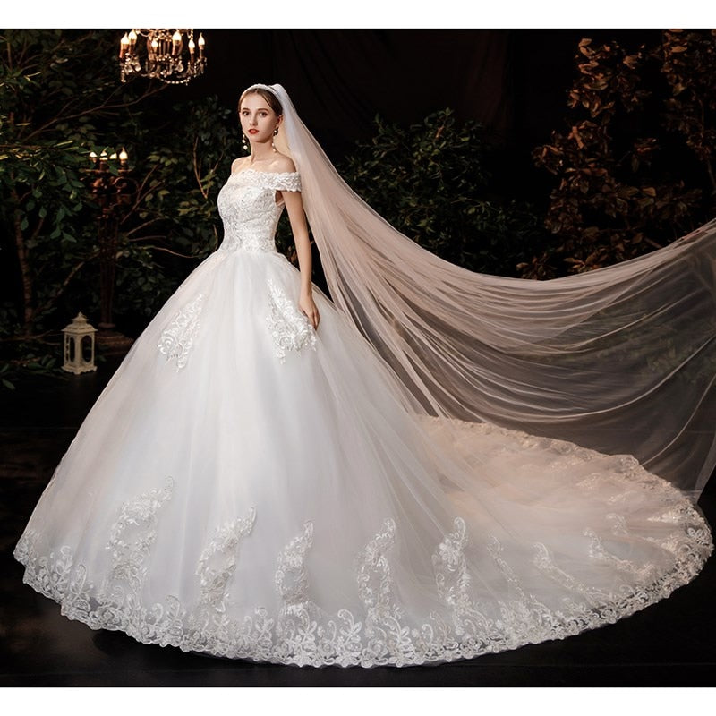 Lace Boat Neck Ball Gown Wedding Dresses Sweetheart Simple Princess Illusion Applique Bridal Gowns Casamento