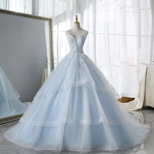 Load image into Gallery viewer, Sky Blue Inner With Double Lace Ruffle Deep V-neck Backless A-line Bridal Dress
