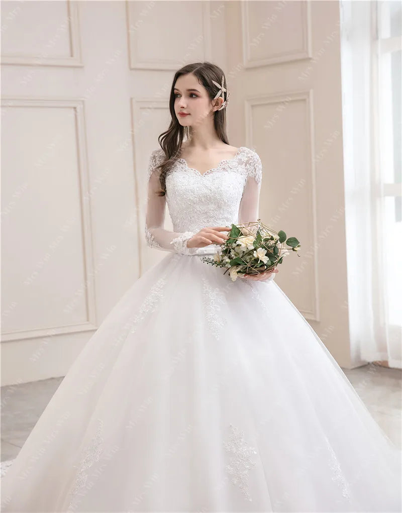 Full Sleeve Sexy V-neck Bride Floor Dress