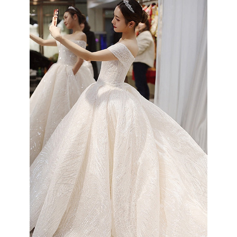 Off The Shoulder Wedding Dress Sweep Train Ball Gown Wedding Gown Vestido De Noiva Luxury Prinecess Bride Dress