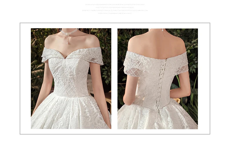 Glitter White Long Lace Sequin Royal Train Bride Gowns